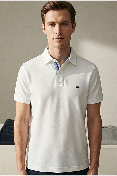 TOMMY HILFIGER Bílé Bavlněné Polo Tričko S Krátkým Rukávem Basic