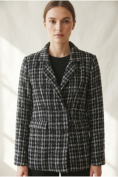 BRAVE SOUL Černobílé Tvídové Dvouřadé Sako Elegantní Business Vel. EU 44