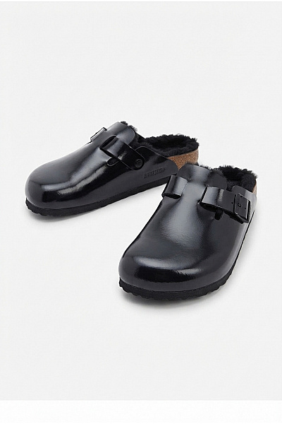 Mandel Sandals Černé Lakované Nazouvací Pantofle S Kožíškem Vel. EU 40
