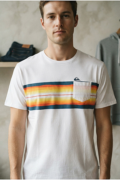 Quiksilver Bílé Bavlněné Tričko S Krátkým Rukávem Pruhované Kapsou Velikost US XL
