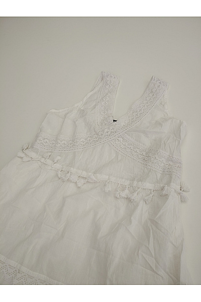 Bílé bavlněné maxi šaty boho krajkové s třásněmi Vel. M | Unimoda | obrázek 5