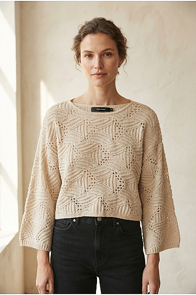VERO MODA Béžový Bavlněný Ažurový Crop Pulovr Velikost EU M