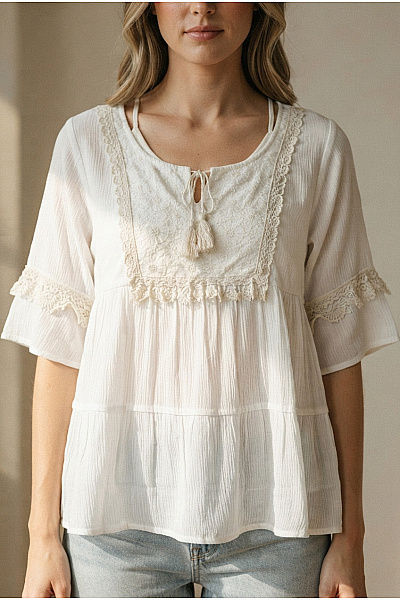 Fashion Elle Bílá Bavlněná Boho Halenka S Krátkým Rukávem A Výšivkou Velikost L