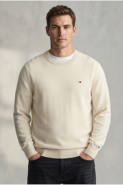 TOMMY HILFIGER Béžový Pletený Bavlněný Pulovr Basic Vel. XXL