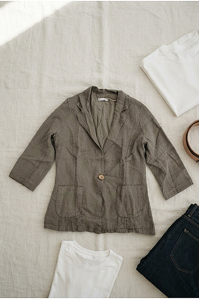 LE MONDE DU LIN Dámské Lněné Sako Khaki S 3/4 Rukávem A Jedním Knoflíkem Velikost S/M