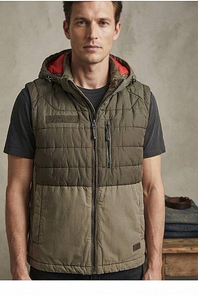 Camel Active Pánská Khaki Prošívaná Zateplená Vesta S Kapucí Vel. DE 56