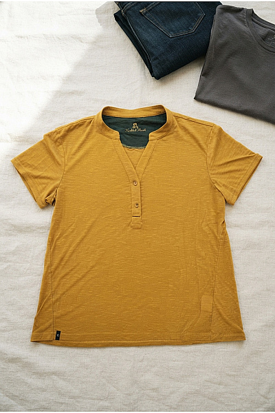 Kudibal Dámské žluté Henley Tričko S Krátkým Rukávem Basic Vel. DE 46