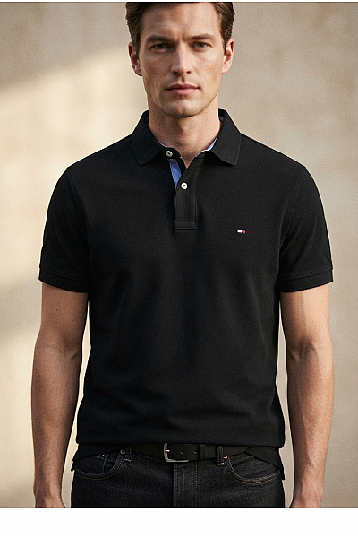 TOMMY HILFIGER Pánské černé Bavlněné Polo Tričko S Krátkým Rukávem Basic