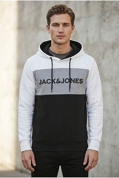 JACK & JONES Pánská Tříbarevná Mikina S Kapucí Přes Hlavu Vel. EU M