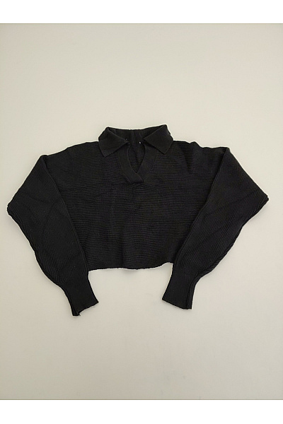 MADE IN ITALY Černý crop pletený pulovr s límečkem a výstřihem do V Velikost XL | MADE IN ITALY | obrázek 2