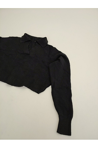 MADE IN ITALY Černý crop pletený pulovr s límečkem a výstřihem do V Velikost XL | MADE IN ITALY | obrázek 4