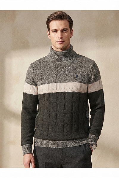 U.S.POLO ASSN. Pánský Vlněný Rolák Khaki Pruhovaný Copánkový Zimní Velikost US L