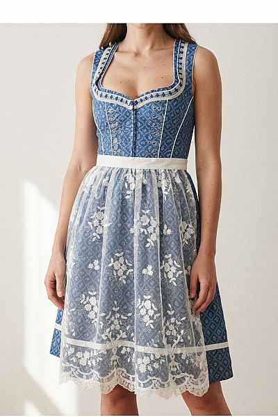 Trachtenhof Modré Květované šaty Dirndl Midi Vel. DE 34