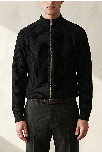 LAWRENCE GREY Černý Vlněný žebrovaný Pánský Cardigan Na Zip Se Stojáčkem Velikost US M