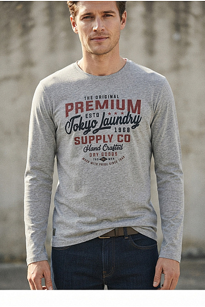 TOKYO LAUNDRY Pánské šedé Bavlněné Tričko S Dlouhým Rukávem A Nápisem Vel. L