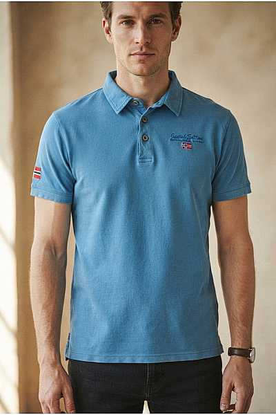 Geographical Norway Modré Bavlněné Polo Tričko S Krátkým Rukávem A Výšivkou Velikost M