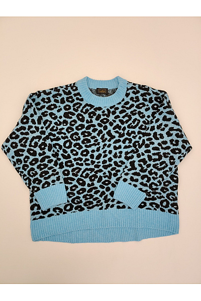 MALONE SOULIERS Modrý Vzorovaný Pletený Pulovr S Leopardím Vzorem Velikost DE 44