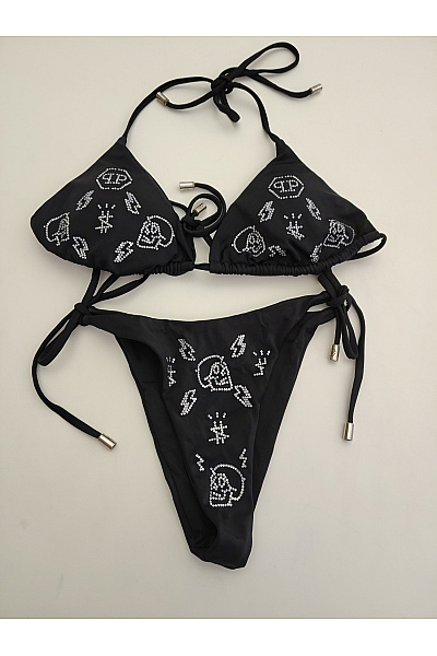 PHILLIP PLEIN Černé Dvoudílné Bikiny S Kamínky Na Zavazování