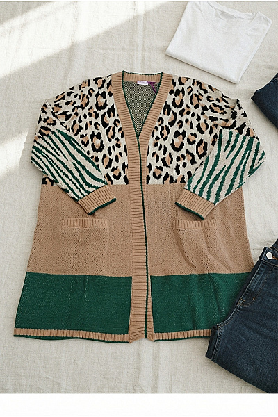 Curvy Me Barevný Pletený Kardigan S Leopardím Vzorem Vel. DE 44