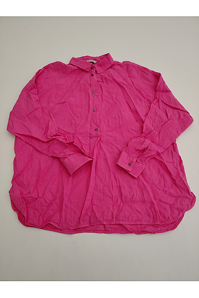 0039 ITALY Růžová Lněná Košilová Halenka S Dlouhým Rukávem Oversize Vel. XL