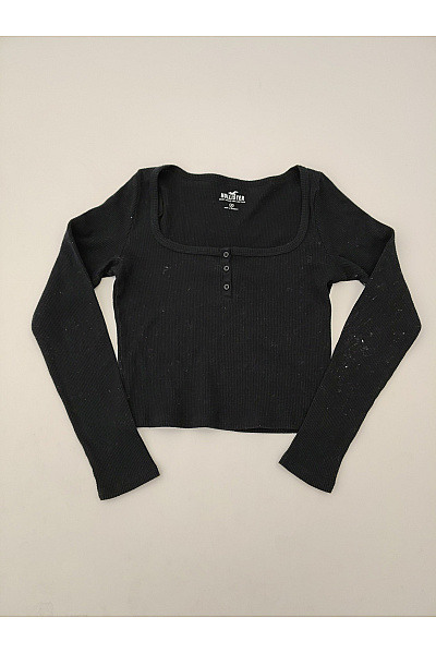 Hollister Černé Bavlněné Tričko S Dlouhým Rukávem Hranatý Výstřih Henley Crop Top Velikost M