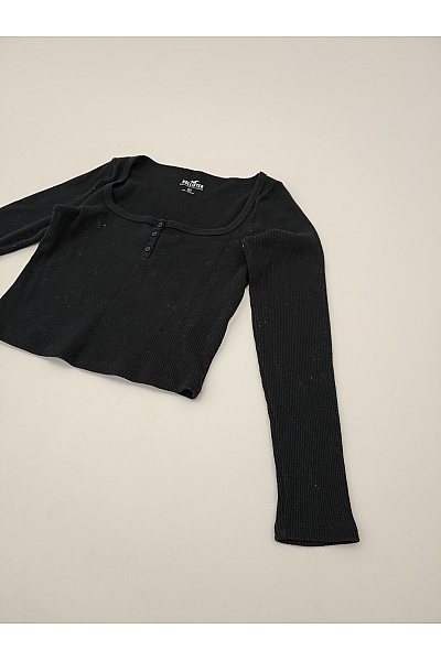 Hollister Černé bavlněné tričko s dlouhým rukávem hranatý výstřih henley crop top Velikost M | Hollister | obrázek 7