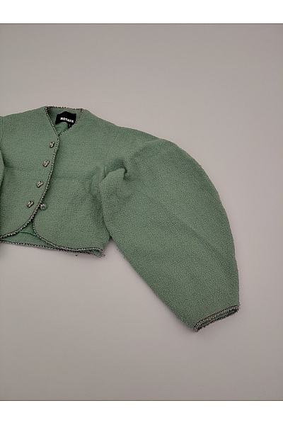 Vlněné khaki sako bez límce crop střih Vel. 42 | Unimoda | obrázek 3
