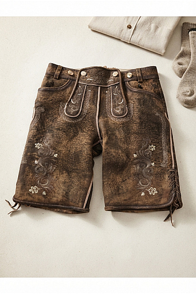 GWEIH & SILK Pánské Kožené Kraťasy Vintage Retro Hnědé Velikost DE 48
