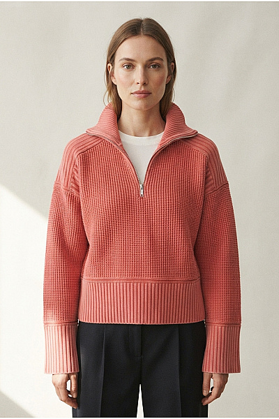 Hugo Boss Červený Bavlněný Crop Pulovr Se Stojáčkem Na Zip Vel. L