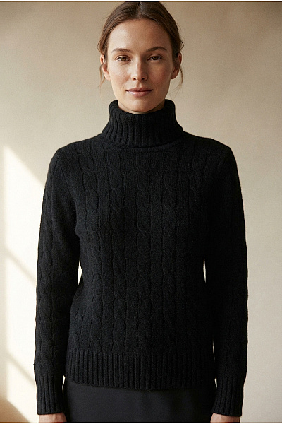 MAX TONSO CASHMERE Černý Kašmírový Rolák S Copánkovým Vzorem Vel. S