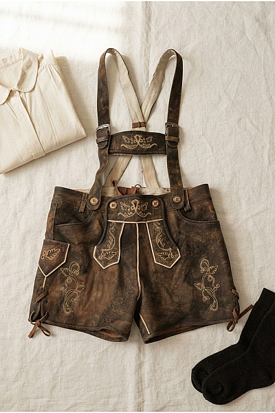 GWEIH & SILK Kožené Dámské Kraťasy S Laclem A Kšandami Vintage Retro Vel. DE 38