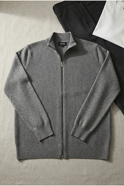 Hugo Boss Pánský šedý Vlněný Pletený Kardigan Na Zip Se Stojáčkem Velikost M