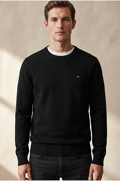 TOMMY HILFIGER Černý Bavlněný Pánský Pulovr Basic Velikost L