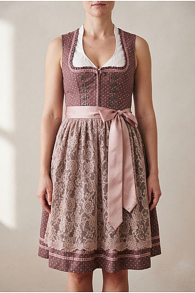 MARJO Hnědé Bavlněné Dirndl šaty S Krajkou A Páskem Velikost DE 36