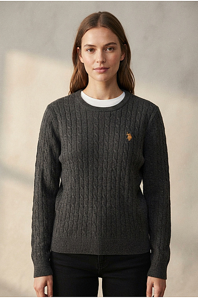 U.S.POLO ASSN. Šedý Vlněný Merino Pulovr S Copánkovým Vzorem Velikost US XL