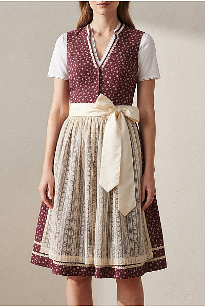MARJO Červené Dirndl šaty S Květovaným Vzorem A Krajkovou Zástěrou Velikost DE 36