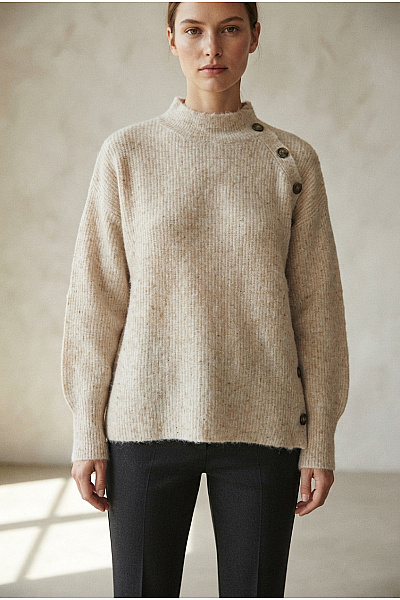 LAUREN VIDAL Béžový Pletený Pulovr Se Stojáčkem A Knoflíky Velikost XS