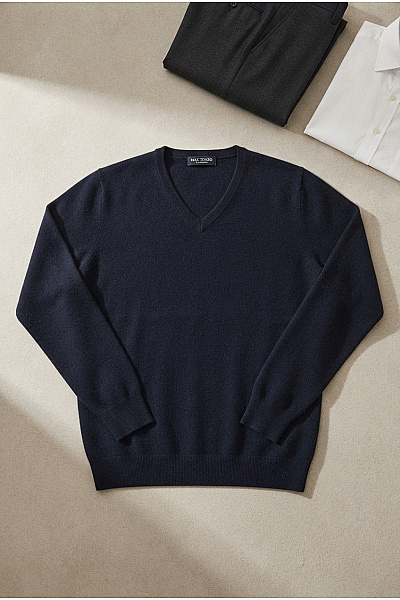 MAX TONSO CASHMERE Pánský Kašmírový Hedvábný Pulovr Do Véčka Modrý Vel. L