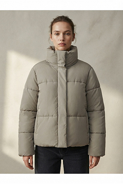 PULL&BEAR Dámská Khaki Prošívaná Puffer Bunda Krátká Zimní Velikost EU XS