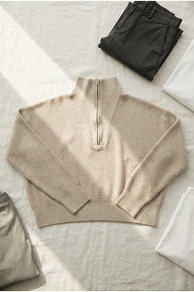 French Connection Béžový Bavlněný Pulovr Se Stojáčkem A Zipem Vel. 2XL