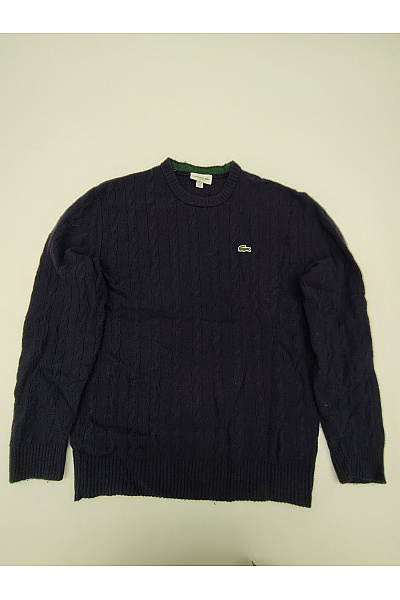 LACOSTE Modrý Vlněný Pulovr S Copánkovým Vzorem Vel. M