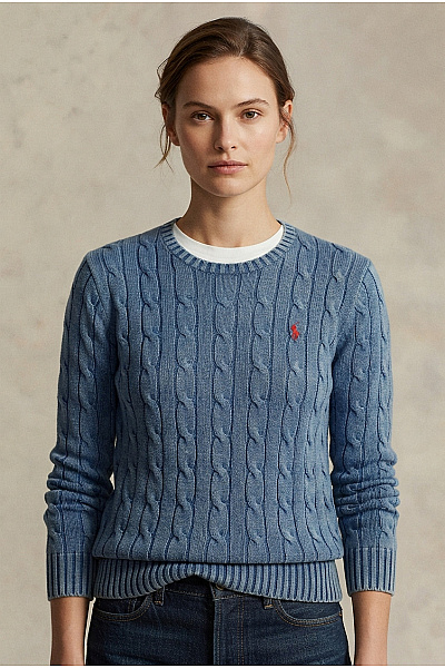Ralph Lauren Modrý Bavlněný Copánkový Pulovr Vel. M