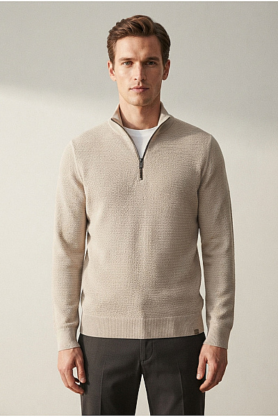 JACK & JONES Béžový Pletený Pánský Pulovr Se Stojáčkem Na Zip Velikost M