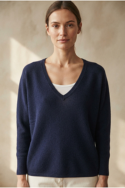 ABSOLUT CASHMERE Dámský Modrý Oversized Pulovr S Výstřihem Do V Velikost M