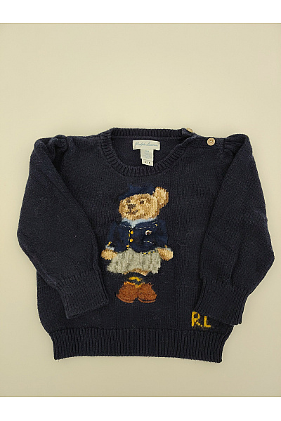 Ralph Lauren Dětský Modrý Bavlněný Svetr S Medvídkem Velikost 24M