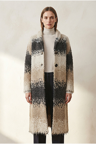 LISA CAMPIONE Béžový Vlněný Pletený Kabát Dlouhý Boho Vel. IT 38