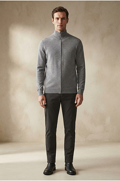 LAWRENCE GREY Pánský šedý Pletený Svetr Na Zip Se Stojáčkem Basic Velikost US XL