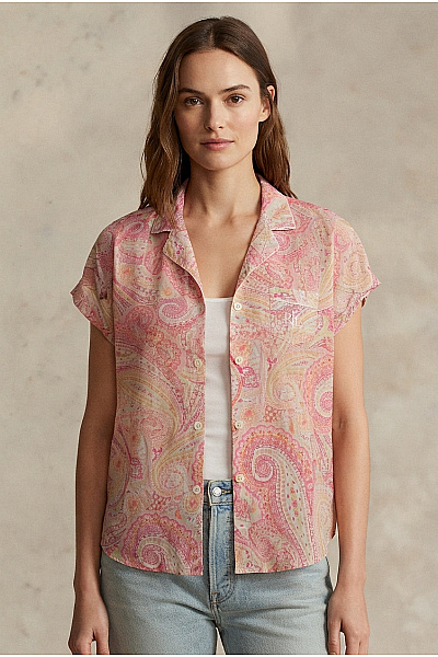 Ralph Lauren Dámská Bavlněná Košile S Krátkým Rukávem Růžová Vzorovaná Vel. M