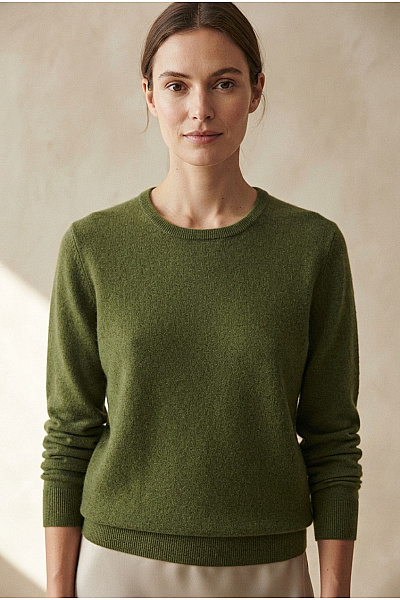 Royal Class Dámský Kašmírový Hedvábný Pulovr Khaki Basic Velikost L