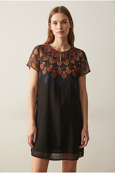 DESIGUAL Černé šaty S Krátkým Rukávem Boho Vzor Vel. EU 40